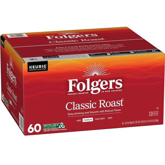 Folgers Classic Roast, Medium Roast Coffee, Keurig K Cup Pods, 60 Count